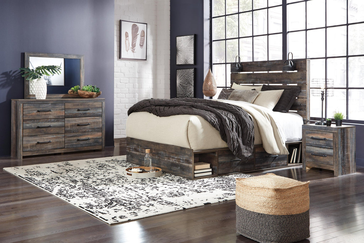 Cama Drystan King con 4 cajones, cómoda con espejo, cómoda y mesita de noche