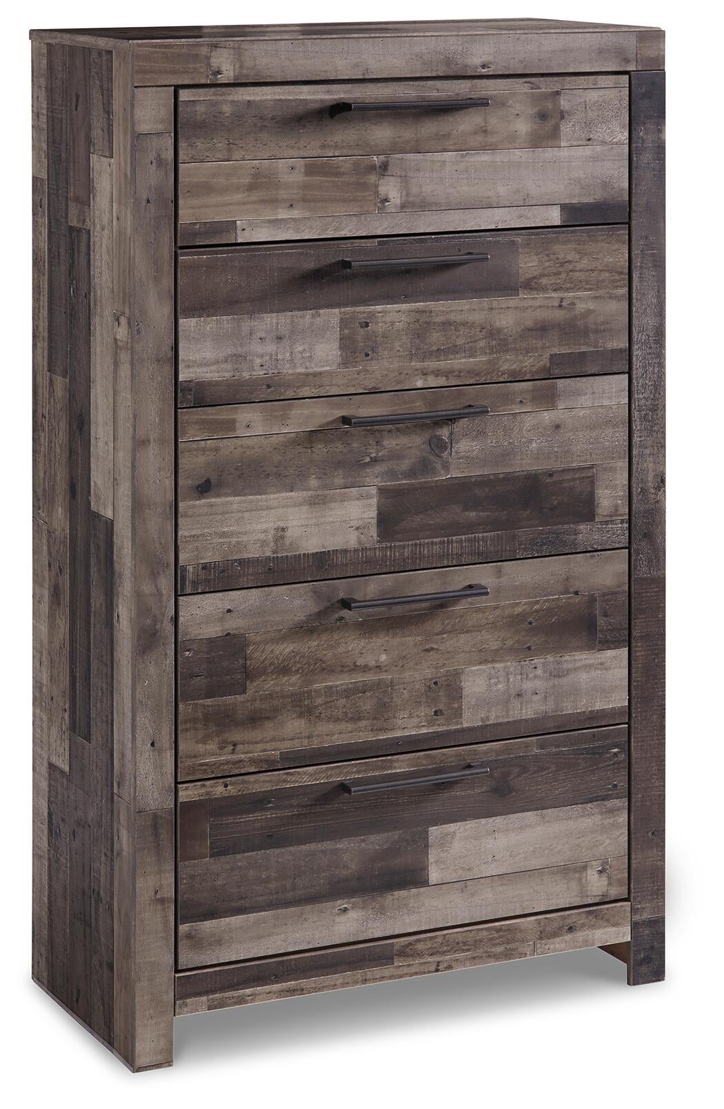Cabecero Derekson de panel completo con tocador con espejo, cómoda y mesita de noche