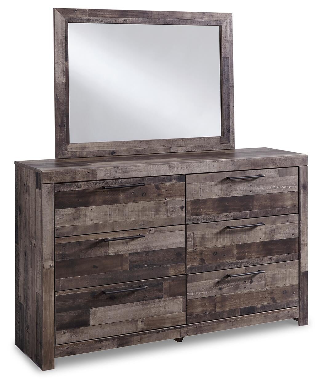 Cama Queen Derekson con 4 cajones, cómoda con espejo, cómoda y mesita de noche