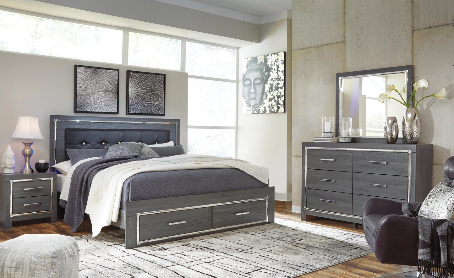 Cama King Lodanna con dos cajones y tocador con espejo