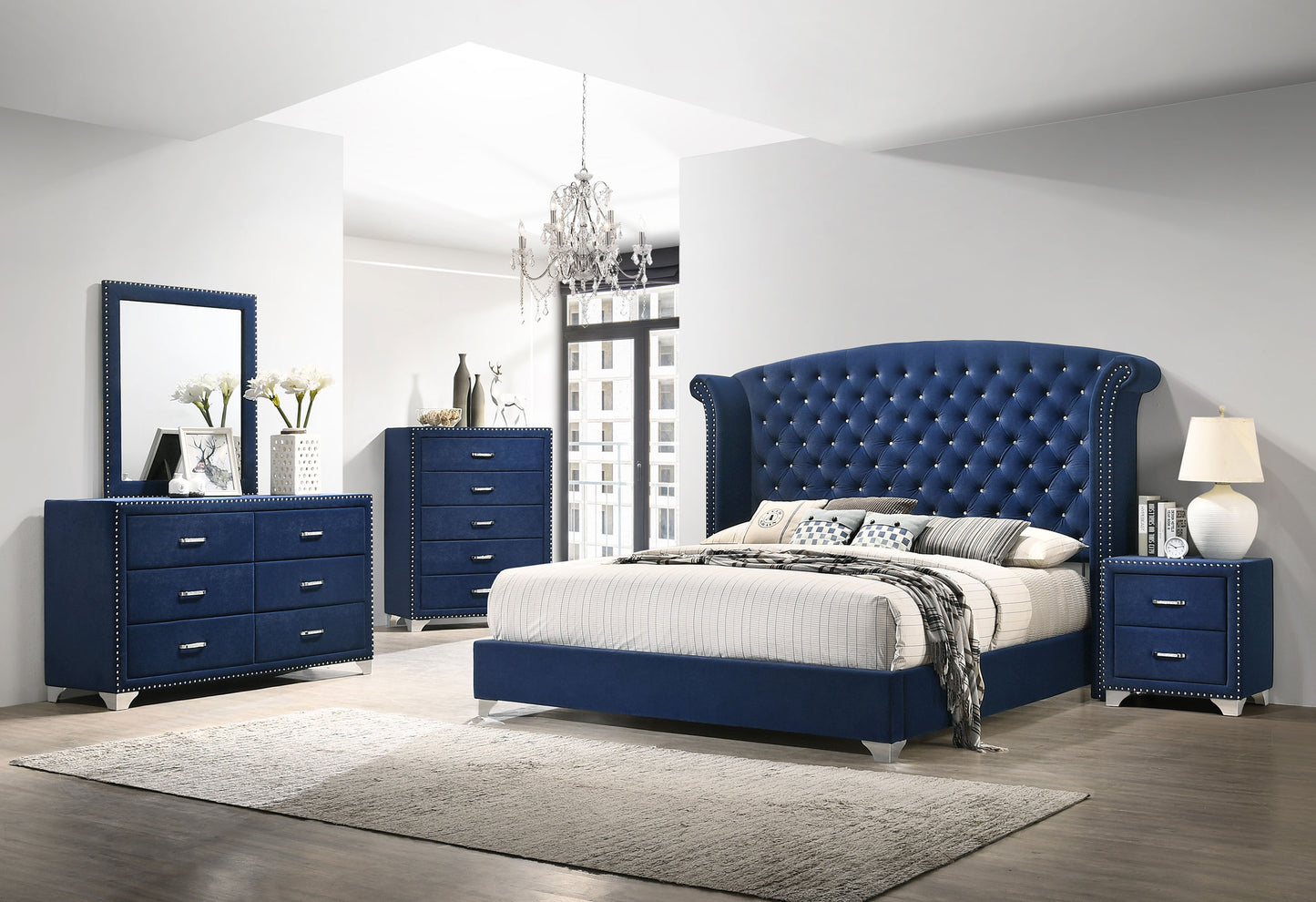 Cama King con respaldo alto tapizada Melody, color azul Pacífico