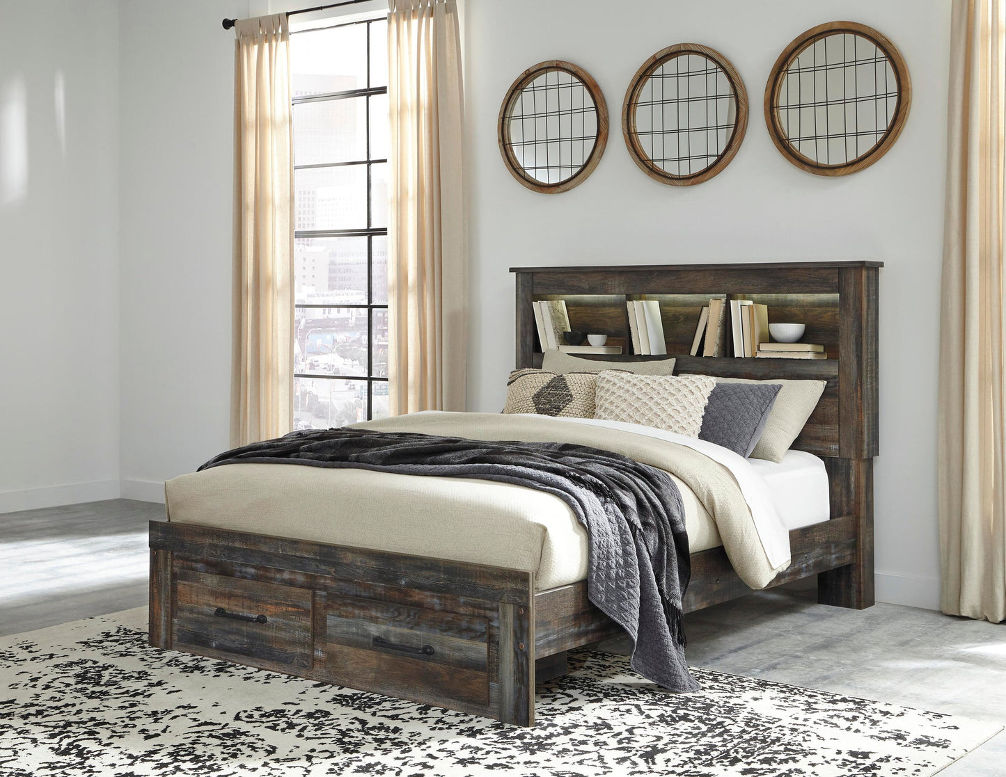 Cama Drystan Queen con dos cajones y tocador con espejo