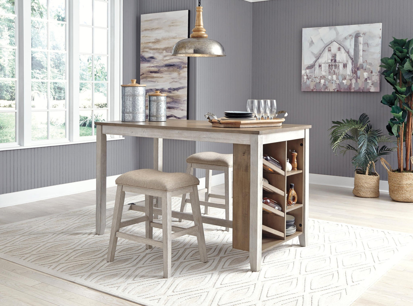 Mesa de comedor Skempton de altura de mostrador y dos taburetes