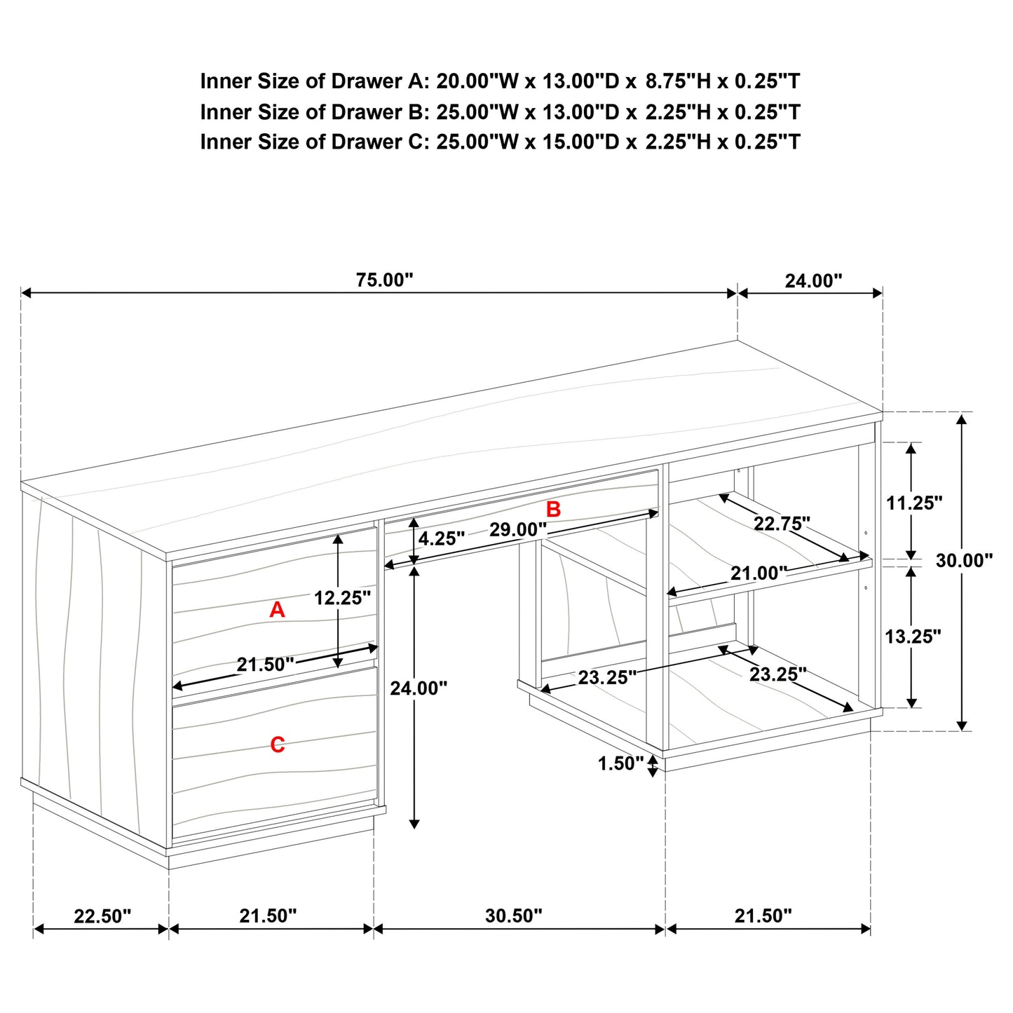 Harkes 75-inch 3-drawer Computer Desk with Adjustable Shelf Coffee Bean