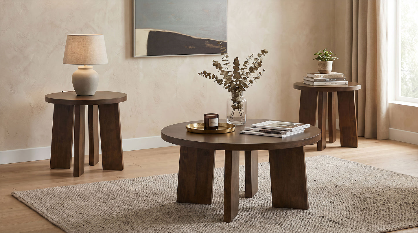 Strouse 3-Piece Round Coffee and End Table Set in Walnut