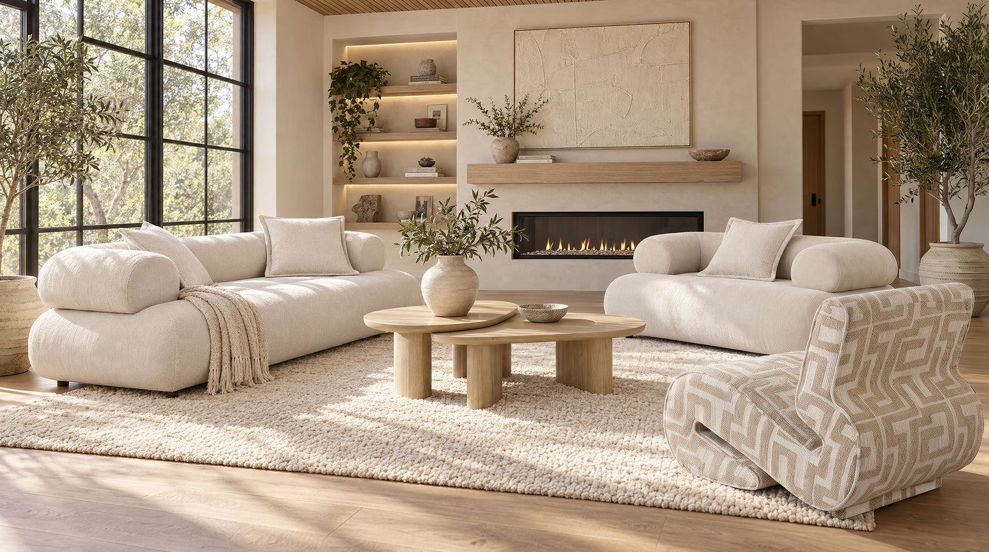 Eskola 3-seat Chenille Sofa with Rounded Shelter Arms Ivory
