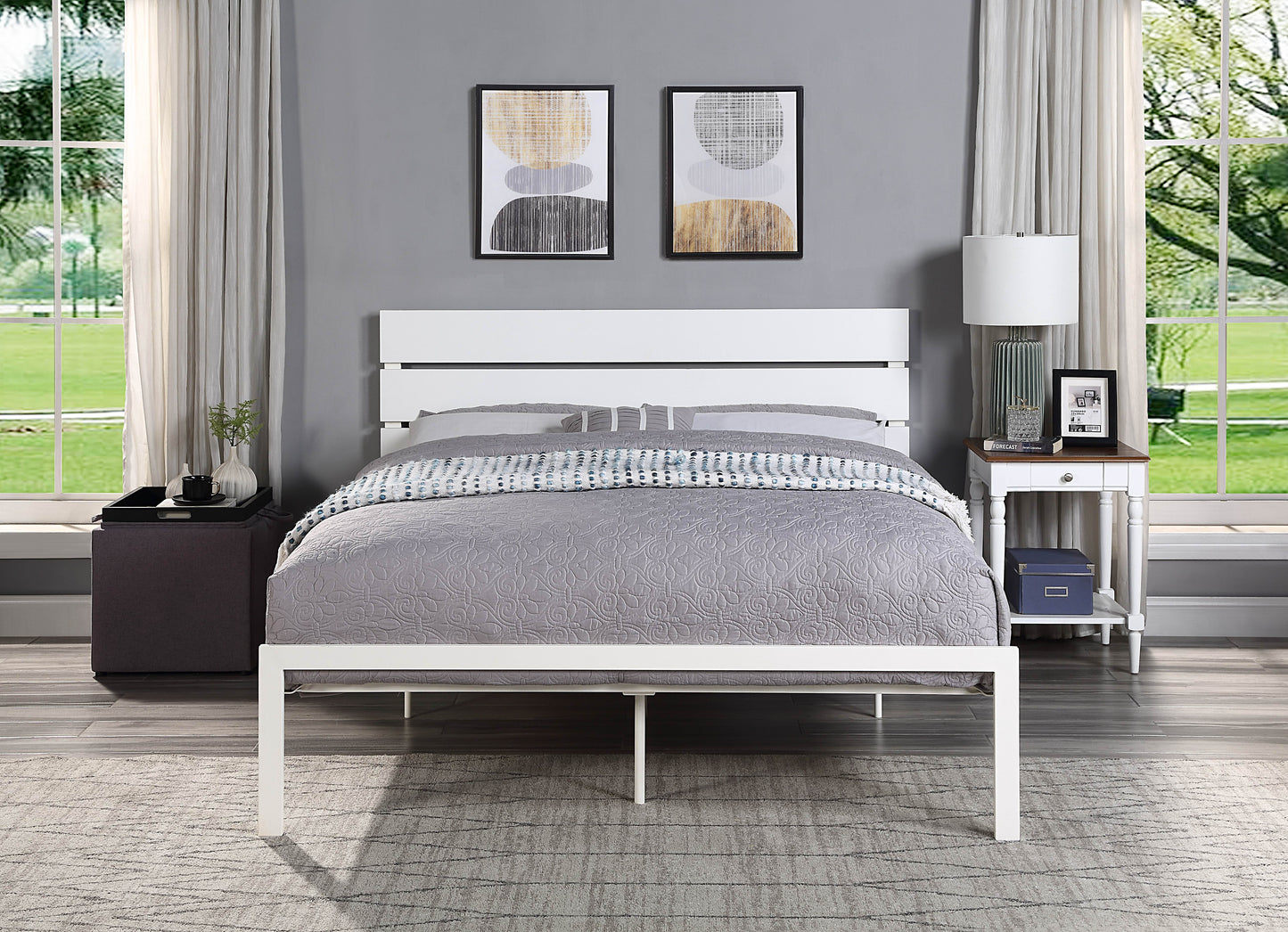 Queen Metric White Metal Platform Bed Frame