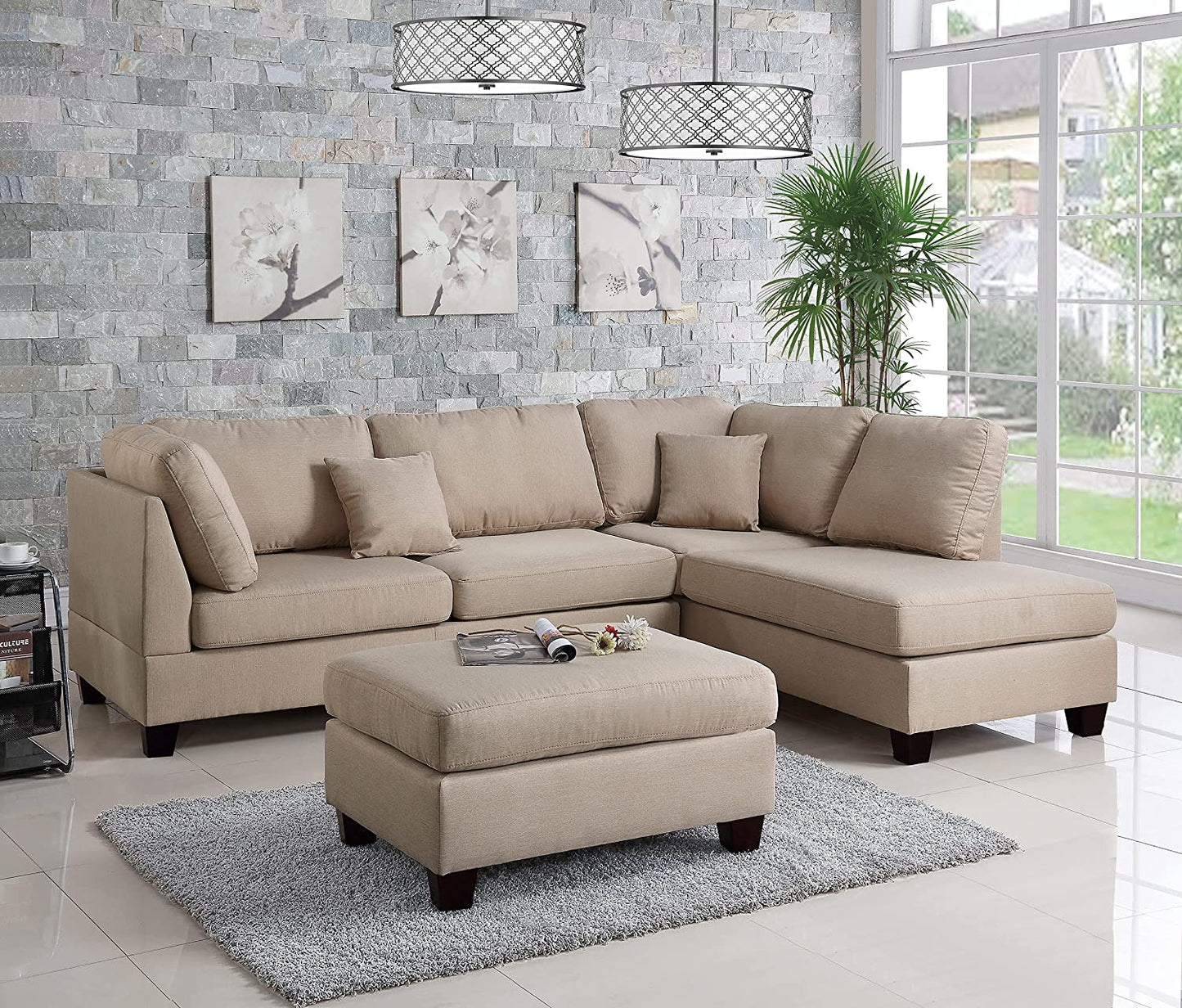 Thomas Beige Linen Fabric Reversible Sectional Sofa