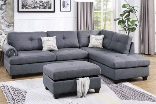 Odom Grey Linen Sectional Sofa with Ottoman