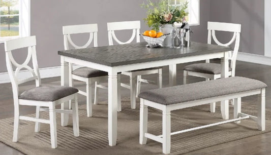 White and Gray 6 Piece Dining Room Table Set with Bench
