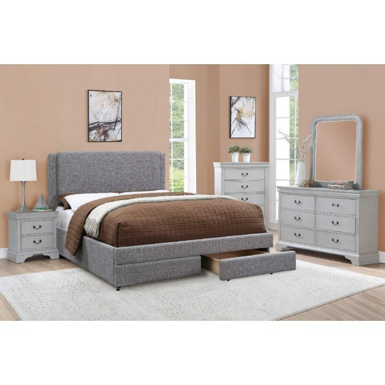 Estructura de cama estilo plataforma tamaño king de lino gris con almacenamiento