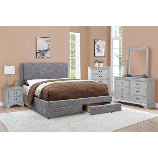 King Size Grey Linen Platform Style Bed Frame with Storage