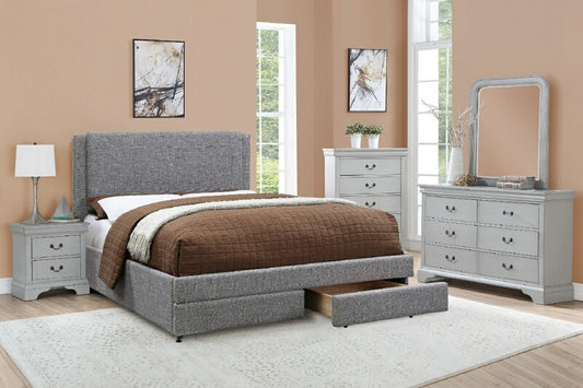 Grey Linen Avery Queen Bed with Double Storage Drawer