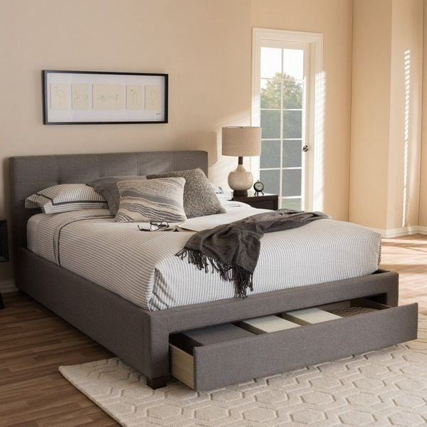 Queen Grey Linen Fabric Platform Bed with Storage Drawer