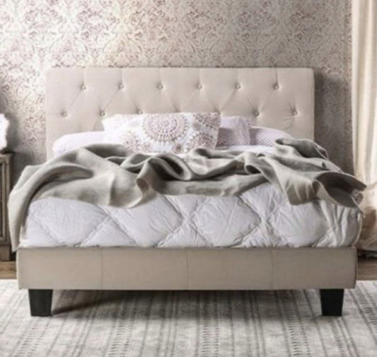 Beige Linen Queen Bed Frame
