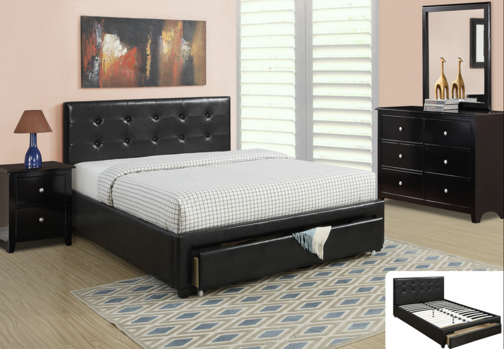 Queen Black Leather Bed Frame with Storage Drawer