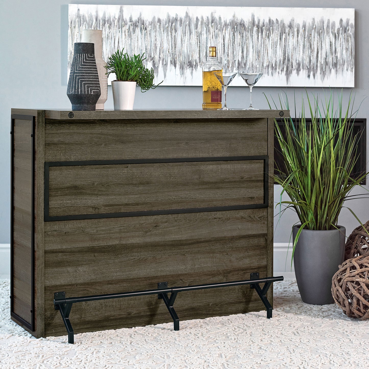 Gabinete para vinos Joe de 5 estantes de madera compuesta para bar en casa, roble envejecido
