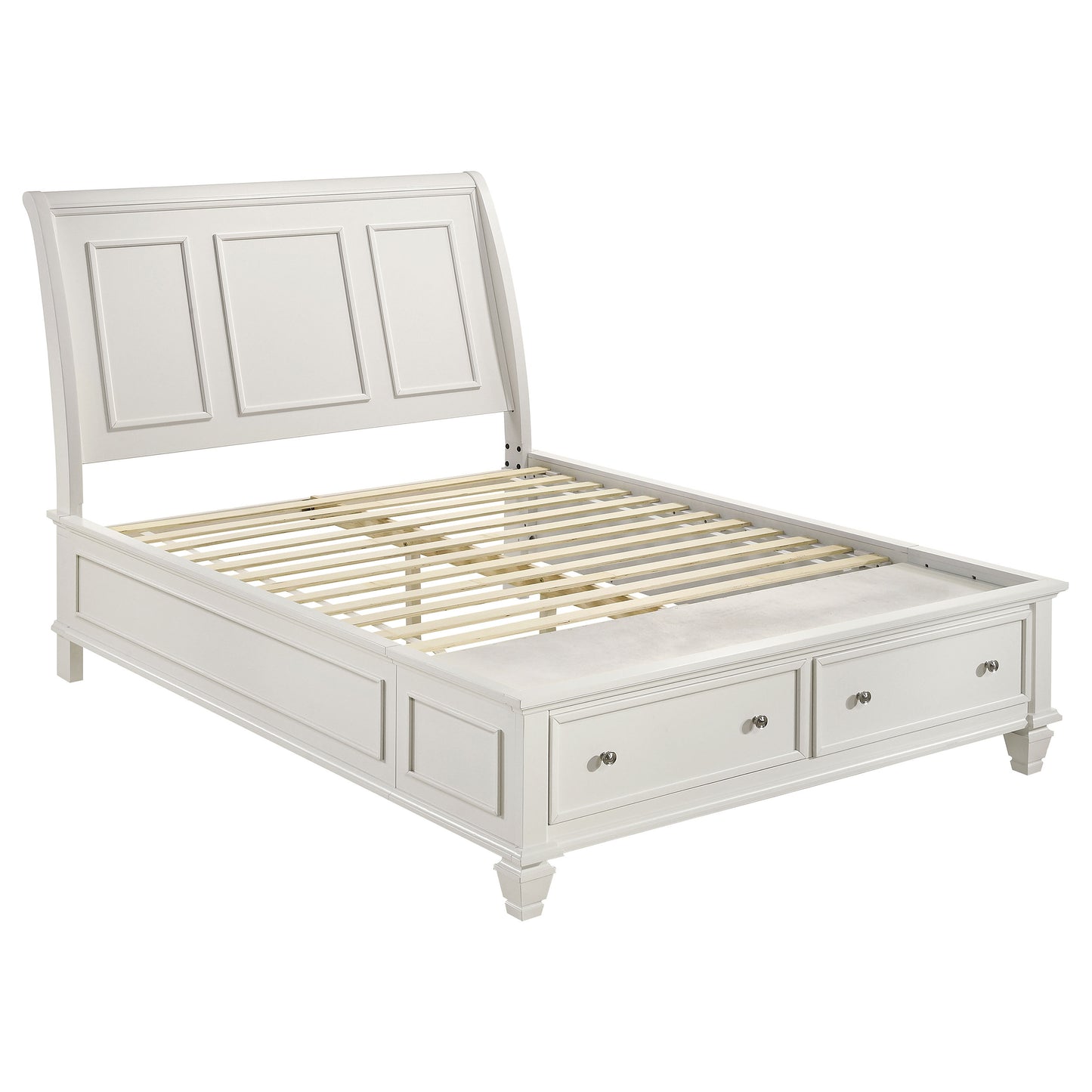 Cama Queen con paneles de almacenamiento Sandy Beach Wood en color crema y blanco