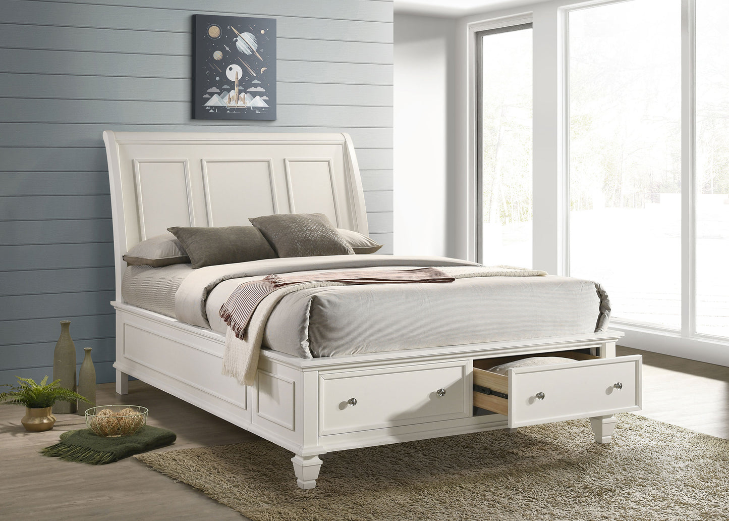 Cama Queen con paneles de almacenamiento Sandy Beach Wood en color crema y blanco