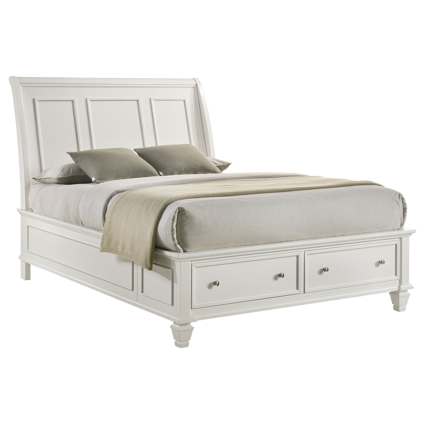 Cama Queen con paneles de almacenamiento Sandy Beach Wood en color crema y blanco