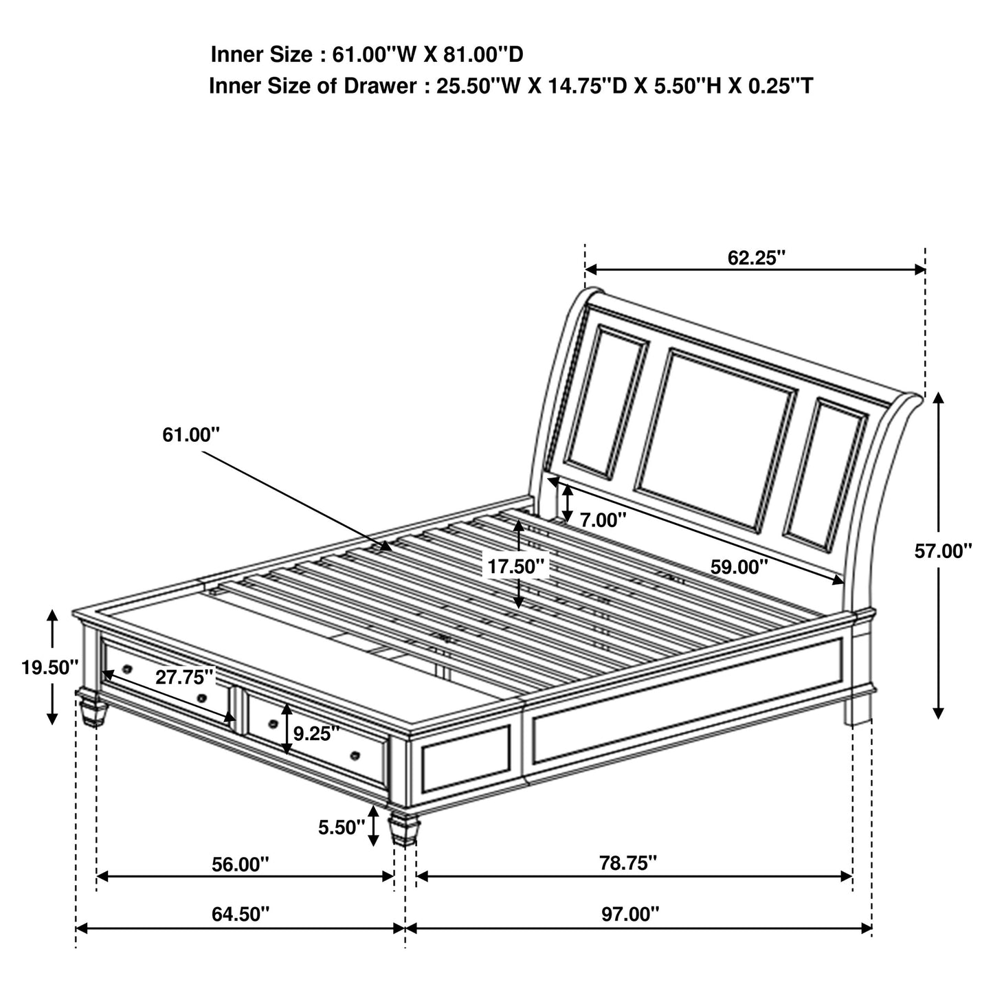 Cama Queen con paneles de almacenamiento Sandy Beach Wood en color crema y blanco