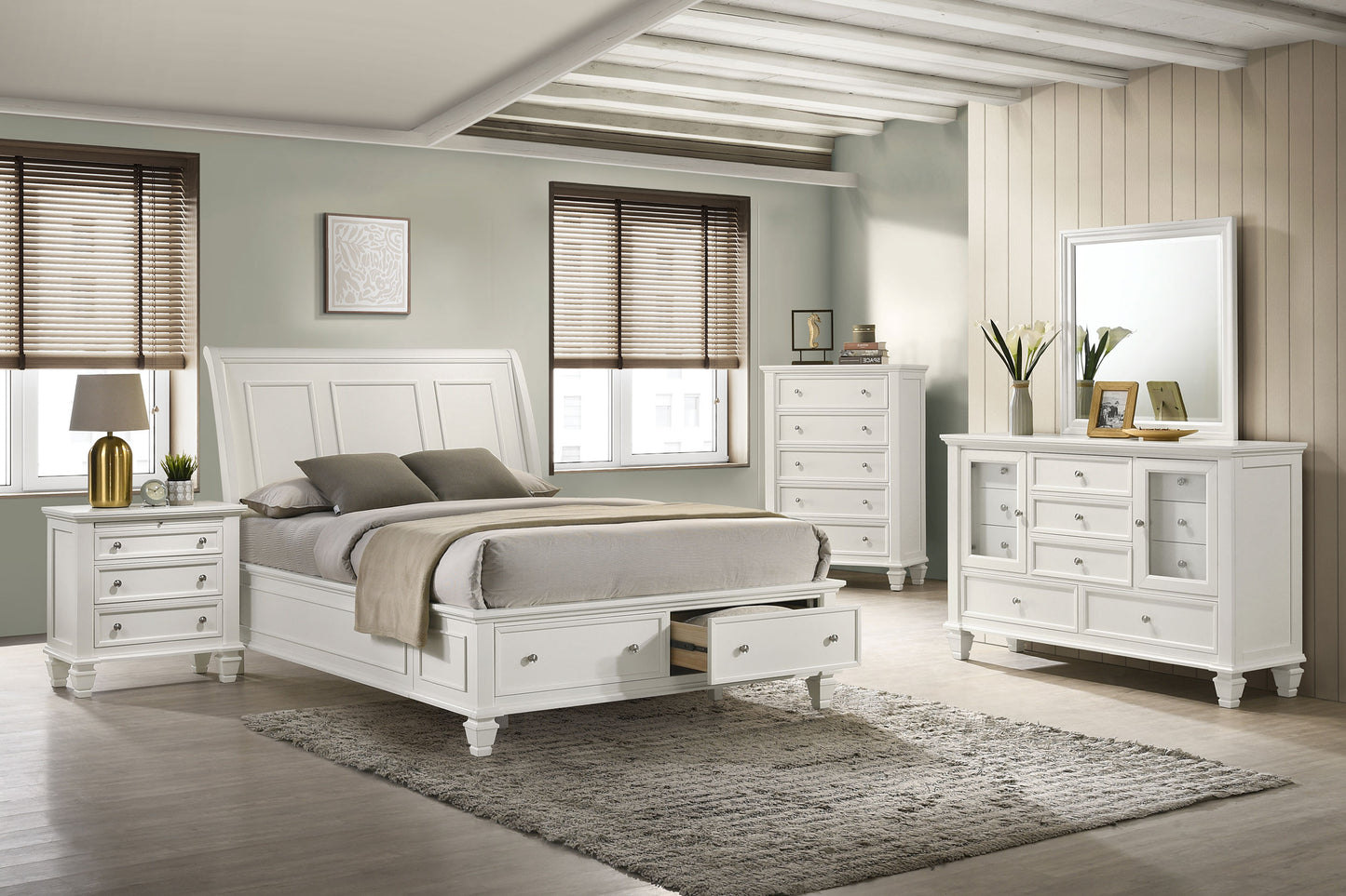 Cama Queen con paneles de almacenamiento Sandy Beach Wood en color crema y blanco