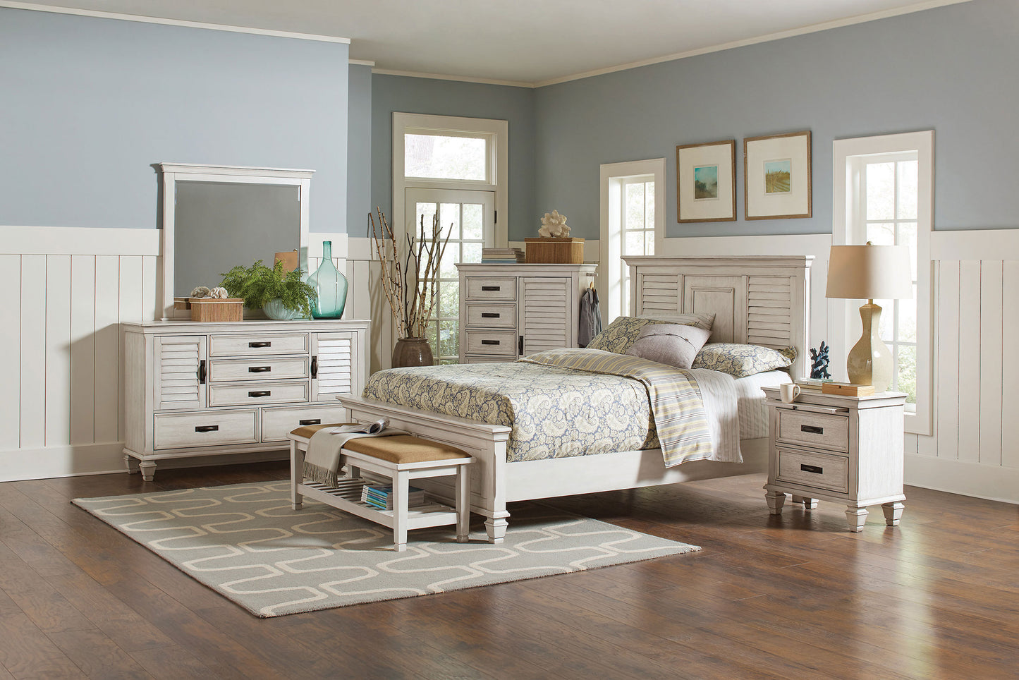 Franco Wood California King Panel Bed Distressed White
