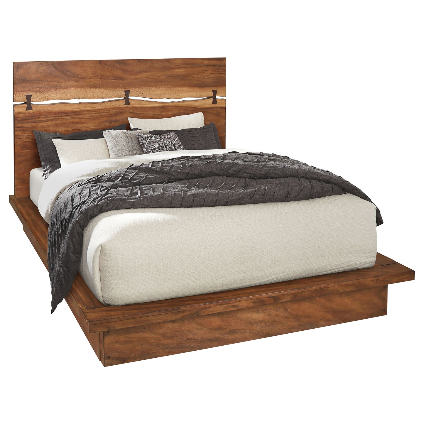 Cama Queen con paneles Winslow Wood en tonos nogal ahumado y grano de café