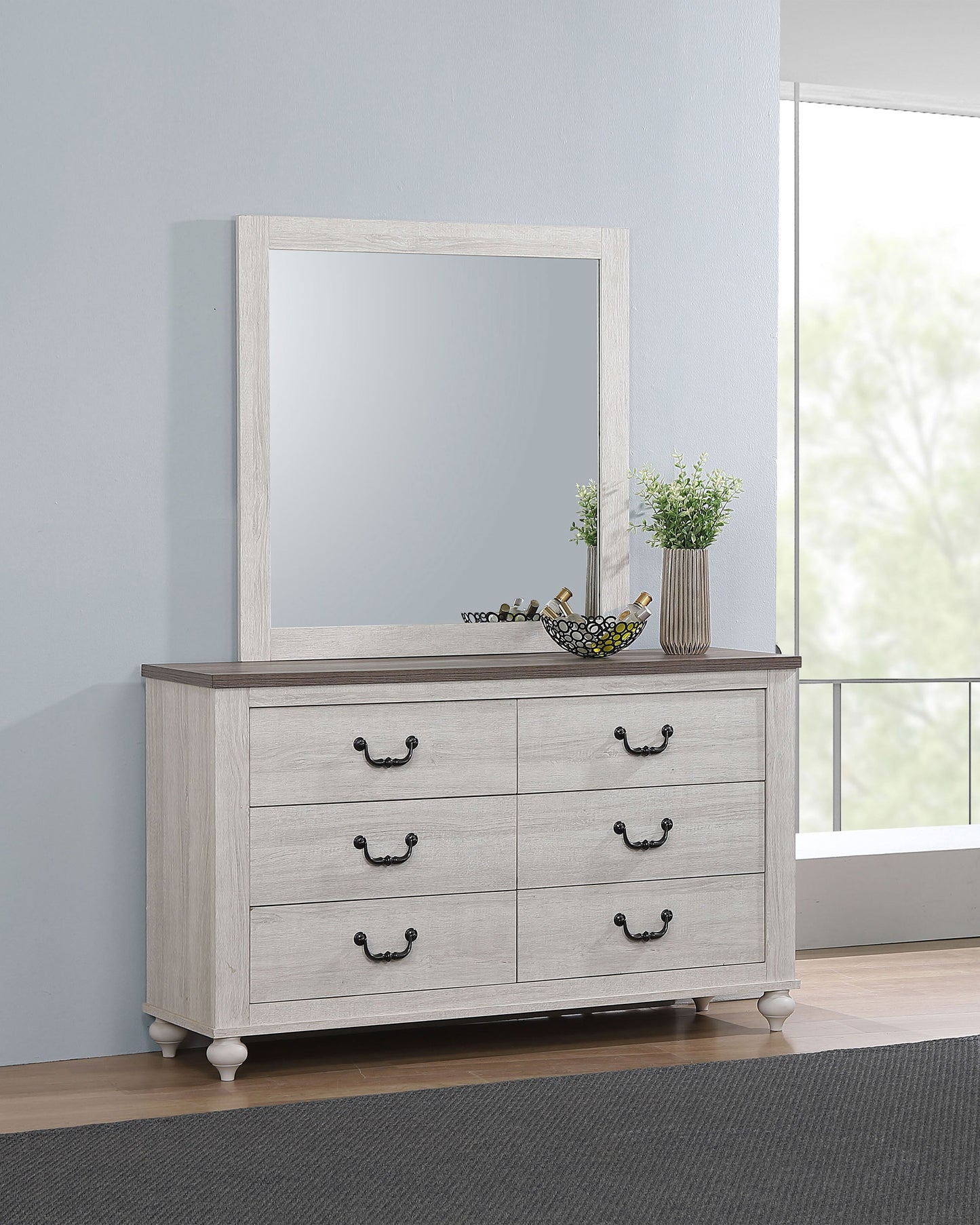 Stillwood 6-drawer Dresser with Mirror Vintage Linen