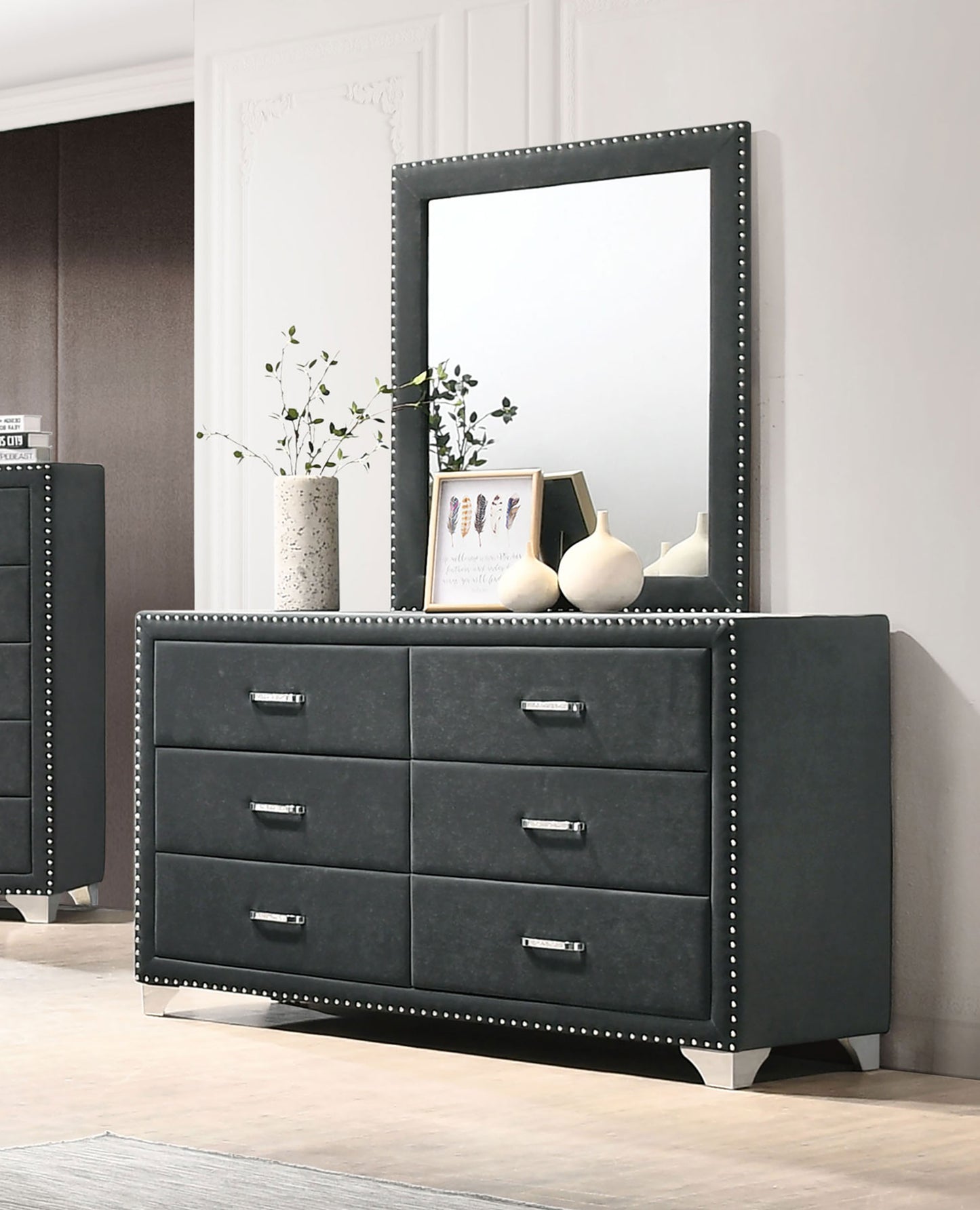 Melody 6-drawer Upholstered Dresser with Mirror Grey