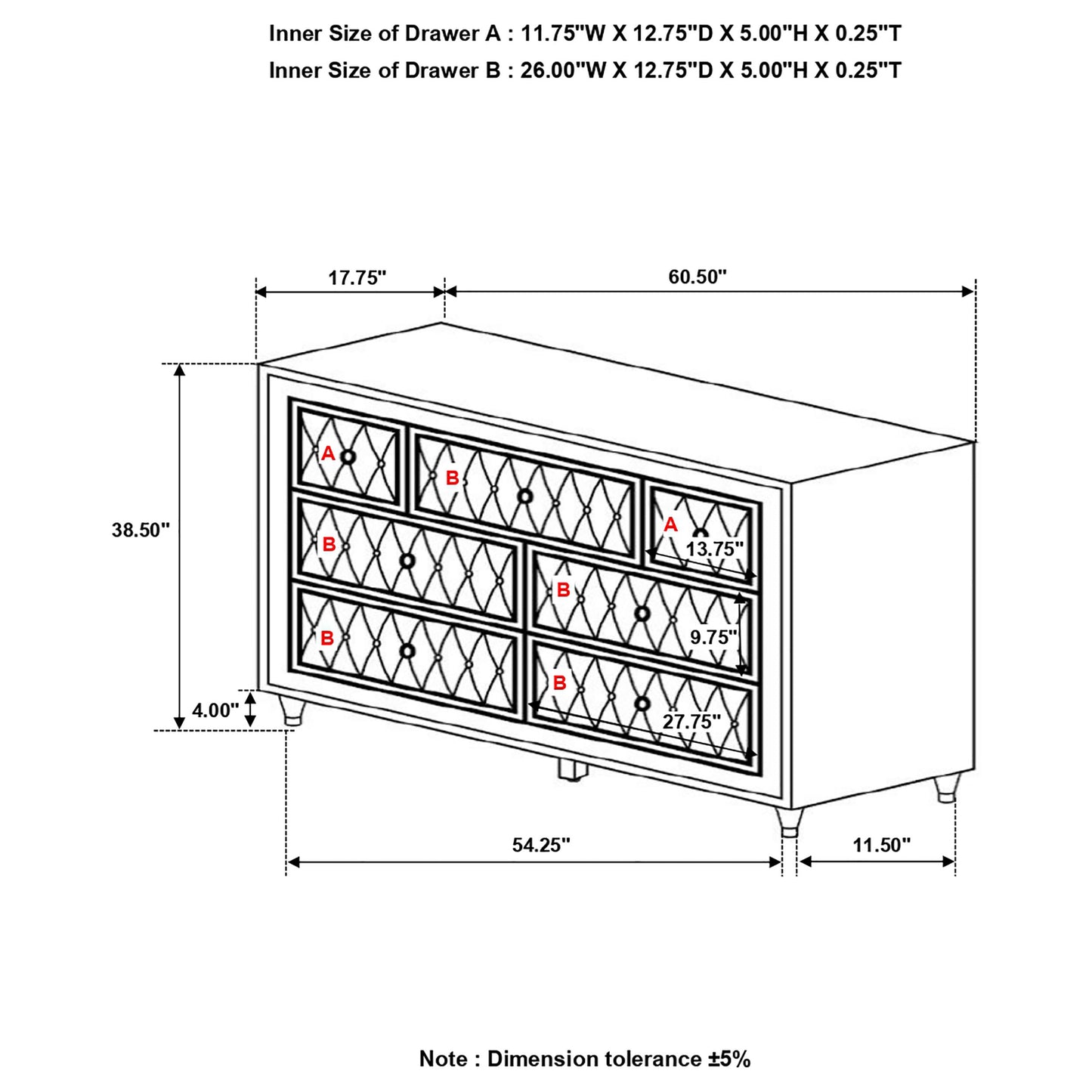 Cómoda Antonella tapizada de 7 cajones en color marfil y camel