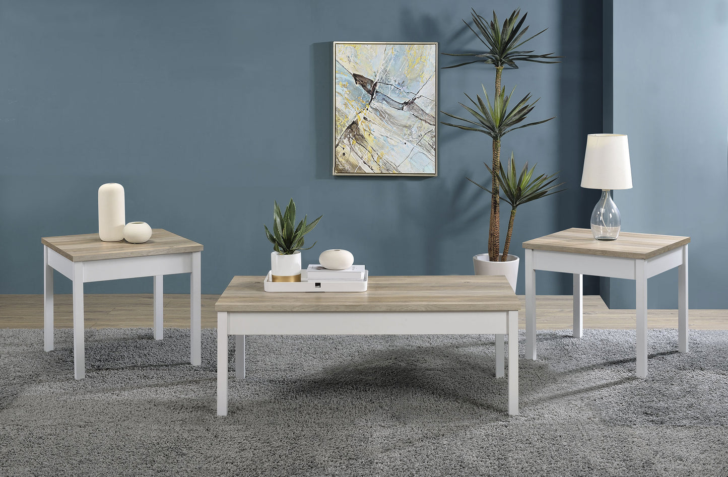 Juego de mesa de centro Stacie de 3 piezas en pino envejecido y blanco