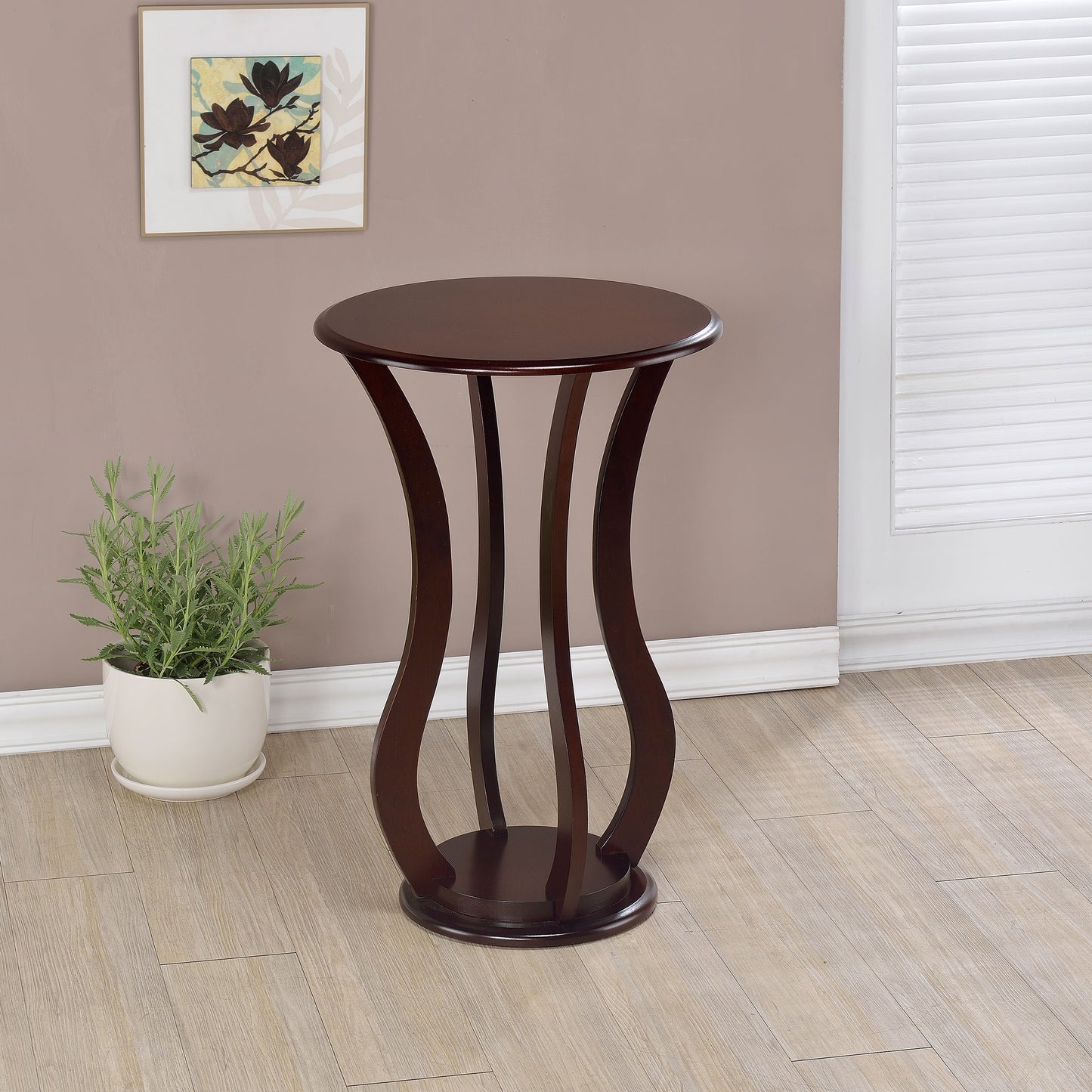Soporte para plantas con tapa redonda de madera Elton, color cerezo