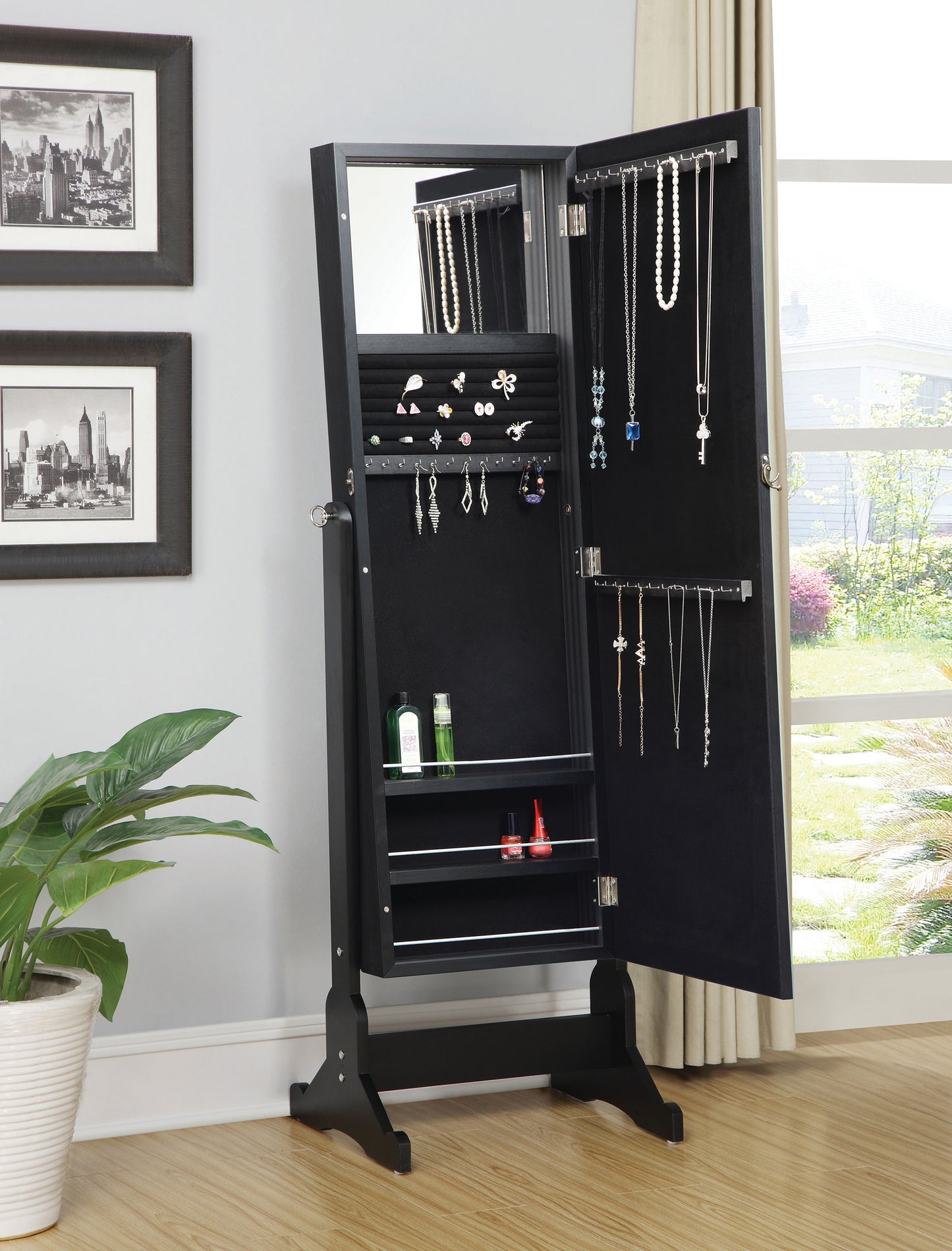 Espejo de cuerpo entero Cortez con compartimento para guardar joyas, color negro