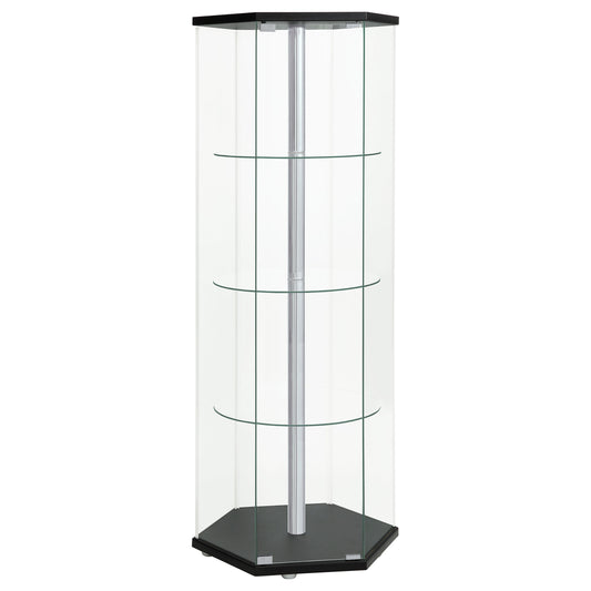 Vitrina hexagonal de 4 estantes de cristal transparente Zahavah, color negro