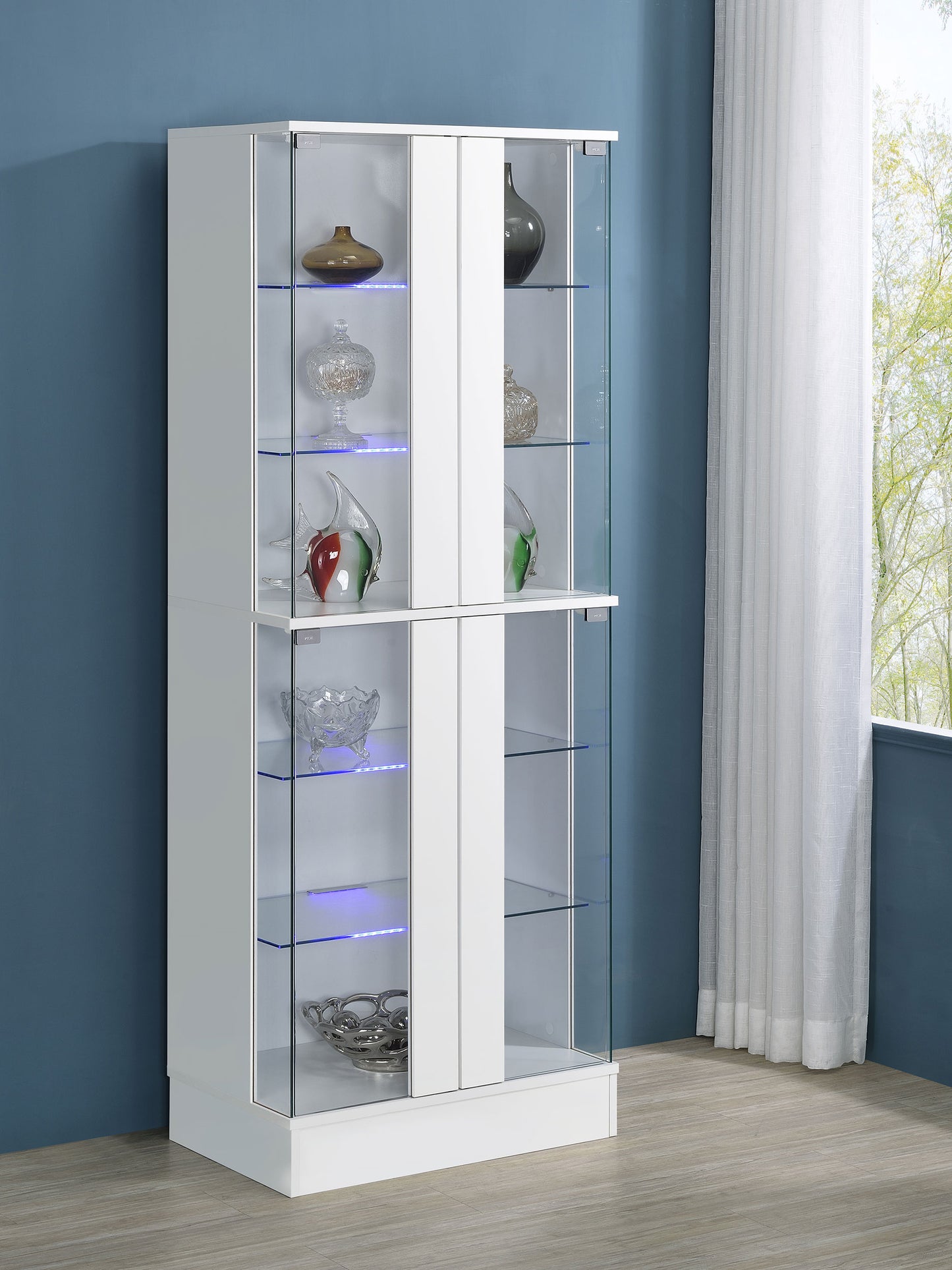 Cabra Display Case Curio Cabinet with Glass Shelves and LED Lighting White High Gloss