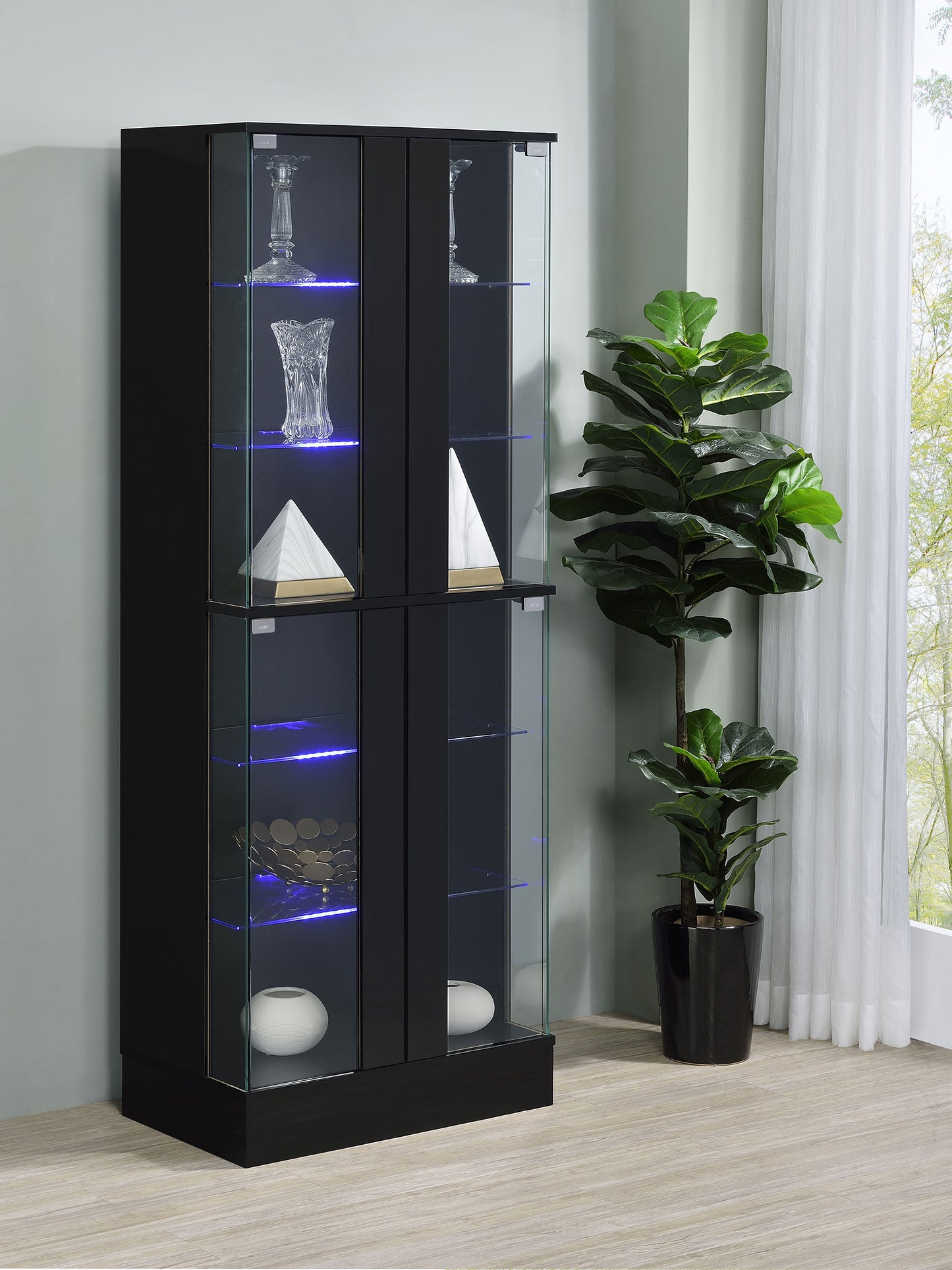 Cabra Display Case Curio Cabinet with Glass Shelves and LED Lighting Black High Gloss